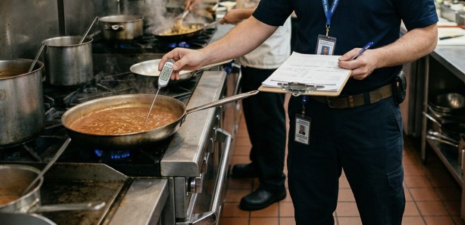 A cook temperature being checked with a probe thermometer, logged on a clipboard